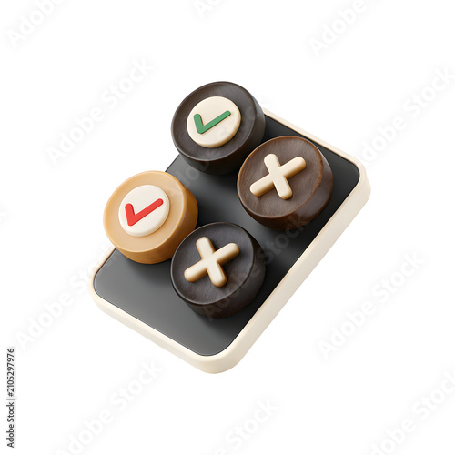 Tic Tac Toe Decision: A stylized 3D illustration depicting a small game board with checkmarks and crosses, symbolizing choices, decisions, and the game of strategy.