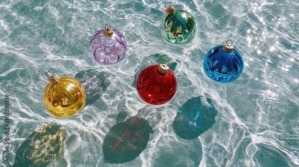 Fototapeta premium Sunlit water surface with colorful glass ornaments creating a vibrant and festive holiday scene.