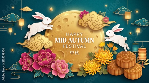 Chinese Mid Autumn festival design. 3d paper cut moon, flowers, mooncakes, rabbits and clouds. Blue traditional pattern. Translation - Mid Autumn. Vector