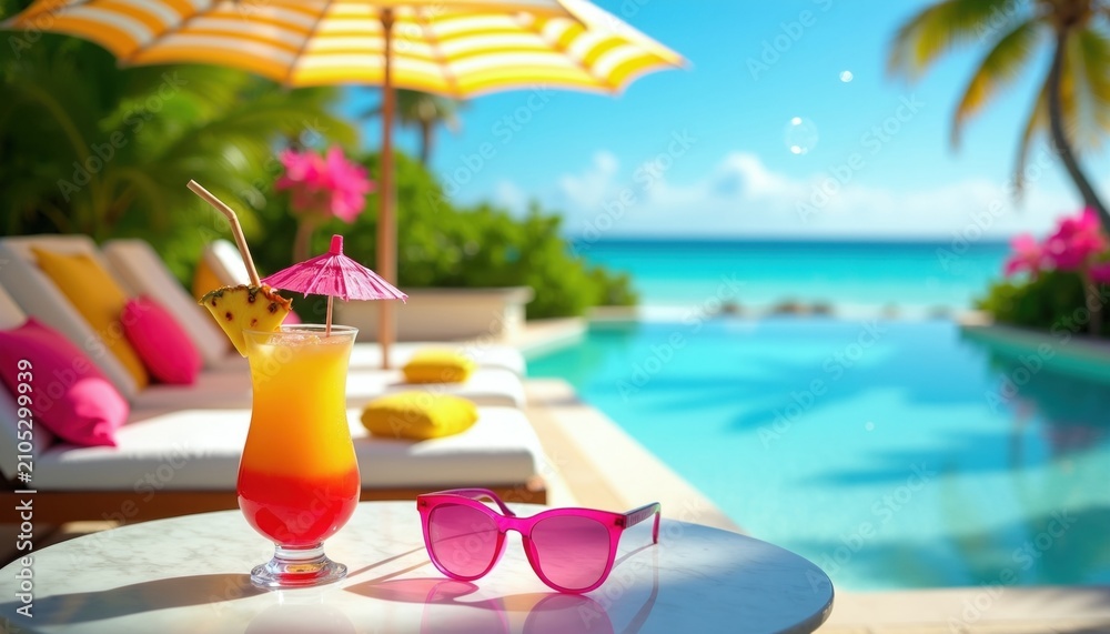 Fototapeta premium Refreshing fruit cocktail drink stands on marble table by luxury resort pool. Pink sunglasses lie nearby under striped umbrella. Blue ocean water palm trees background creates calm summer vibe.