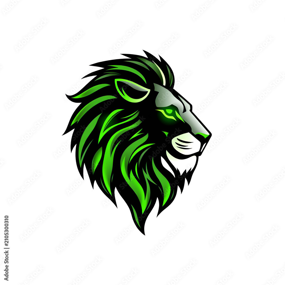 Fototapeta premium Green Neon Lion Head Logo Mascot Illustration Isolated On White Background
