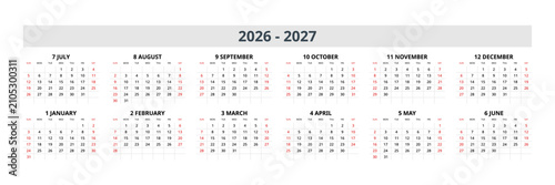 Bild auf Leinwand English 2026-2027 Horizontal 6x2 Grid Asymmetric Geometric Shapes Calendar Clean Abstract Annual Planner (Compatible with 2037-2038 and 2054-2055)