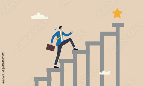 to achieve success goal, big step for career or adversity concept, businessman trying hard with full effort to climb up big ladder or stairway