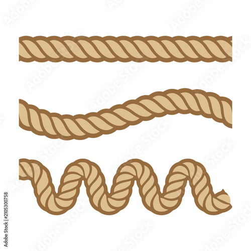 Set of Three Twisted Hemp Ropes with Different Shapes Isolated on White Background