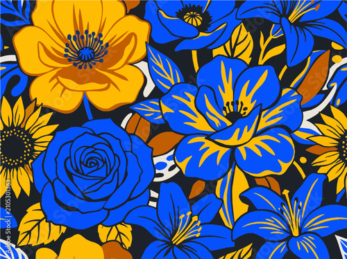 Bold Peony Seamless Pattern - Smooth Vector Floral, Blue and Gold Palette, Navy Background