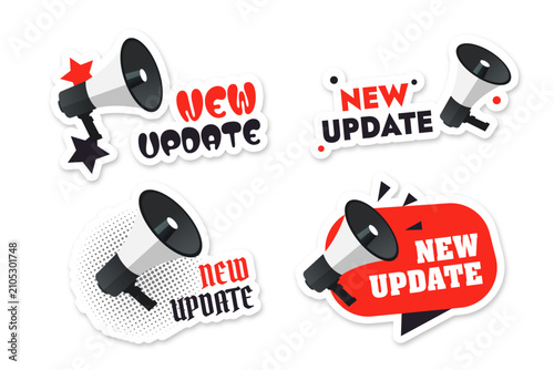 A red vector set in dark tones dedicated to the new update and featuring an image of a megaphone