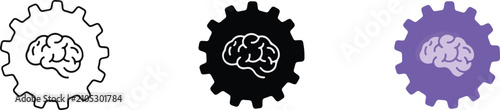 Human brain inside gear icons representing artificial intelligence machine learning critical thinking logic and optimization