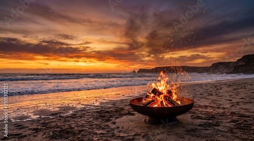 Golden Hour Beach Bonfire Serene Evening Glow by the Ocean