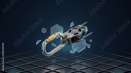 Industrial carabiner and pulley gear 3D illustration