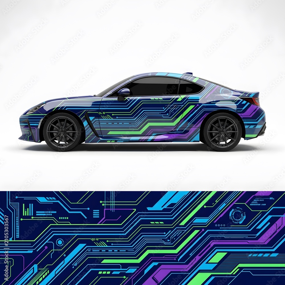 Fototapeta premium Futuristic Car Wrap Design with Blue, Green, and Purple Circuit Board Pattern