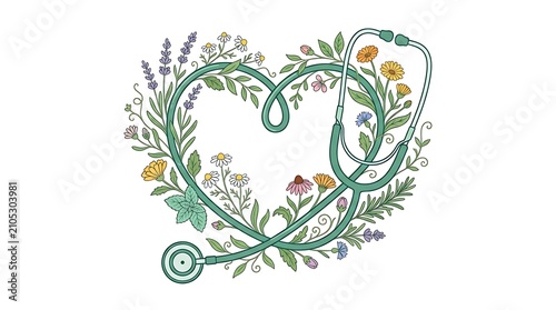 Heart shaped stethoscope with flowers and leaves on white background