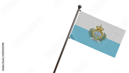 A realistic 3D render of the San Marino national flag waving on a wooden flagpole, isolated against a transparent background with copy space