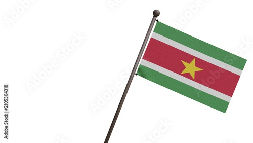 A realistic 3D render of the Suriname national flag waving on a wooden flagpole, isolated against transparent background with copy space