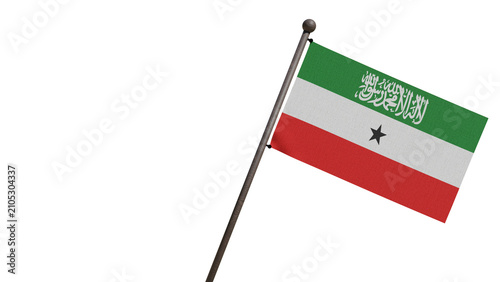 A realistic 3D render of the Somaliland national flag waving on a wooden flagpole, isolated against transparent background with copy space