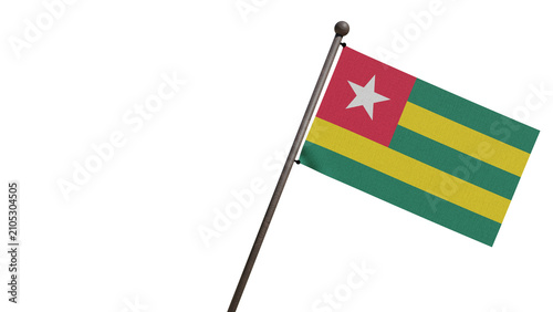 A realistic 3D render of the Togo national flag waving on a wooden flagpole, isolated against transparent background with copy space