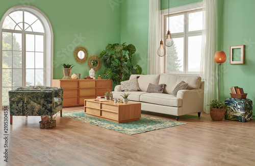Green living room and wall background concept, wooden furniture, table, chair vase of plant and brown parquet style.