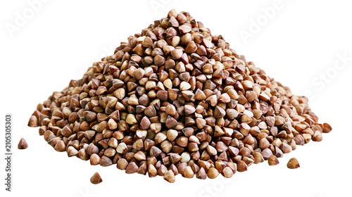 Pile of raw buckwheat groats with triangular shape