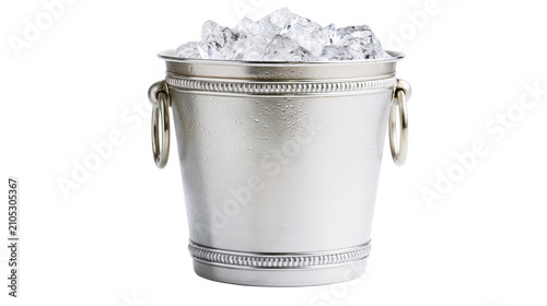 Silver ice bucket filled with crushed ice cubes