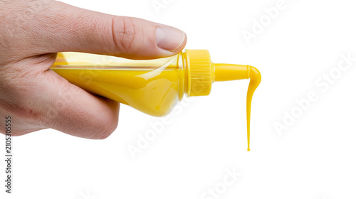 Hand squeezing yellow liquid from plastic bottle