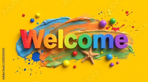 3d welcome text with colorful paint texture and starfish on yellow