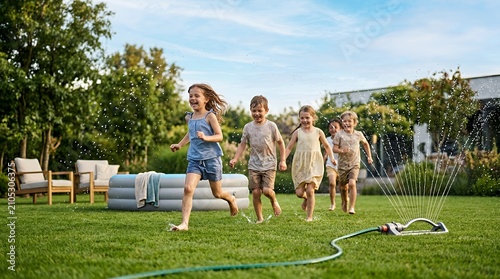 Happy children running and playing in the backyard garden with a water sprinkler on a sunny summer day.