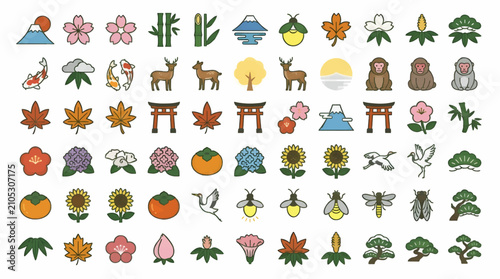 Photography Flat Vector Icon Sheet of Japanese Nature and Seasons, Featuring Mount Fuji, Che