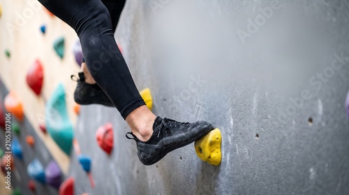 Person Climbing an Indoor Wall with Specialized Grip Footwear