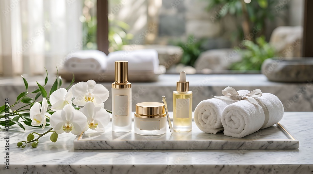 Obraz premium Skincare products on marble tray. Luxury spa cosmetics with white orchids and towels.
