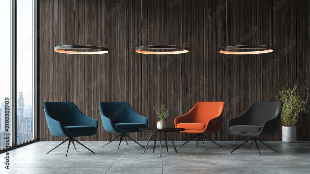 Fototapeta premium Modern waiting area featuring colorful chairs and decorative hanging lights