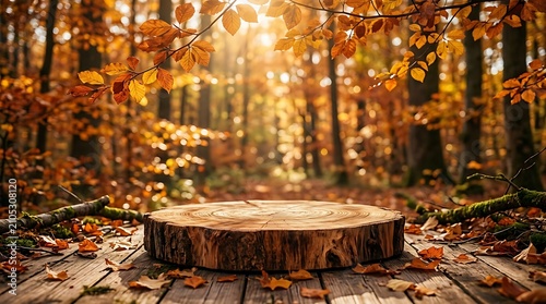 Tree stump pedestal in an autumn forest with golden leaves