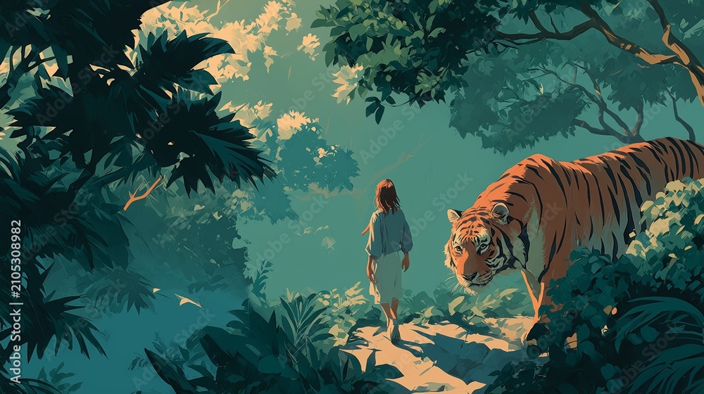 Obraz premium Walking through a magical jungle with a majestic tiger beside a curious child