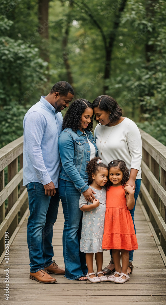 Fototapeta premium A family of four, two adults and two young girls, embrace affectionately on a wooden bridge surrounded by lush greenery, symbolizing love and togetherness