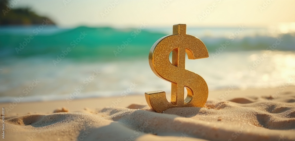Obraz premium Golden dollar symbol stands on sand of tropical beach near blue ocean waves. Creative concept shows expensive travel costs holiday budget planning. Financial sign in seaside scenery illustrates