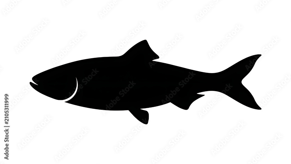 Obraz premium Side view silhouette of a swimming fish, simple black vector icon for sea life, seafood, and wildlife illustration themes