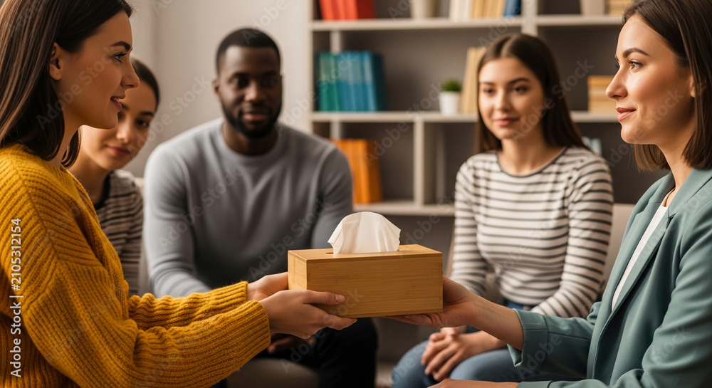 Fototapeta premium Group therapy session with people sharing a tissue box, representing support, empathy, and shared emotional experience during counseling