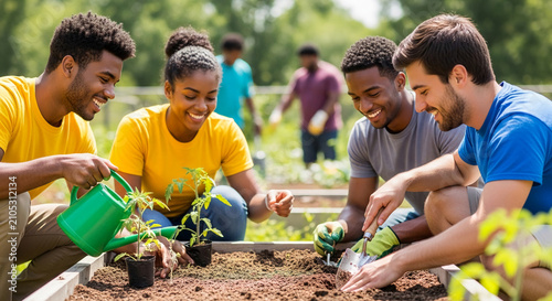 Diverse group of adults planting seedlings in a garden bed  symbolizing teamwork  growth  and community engagement