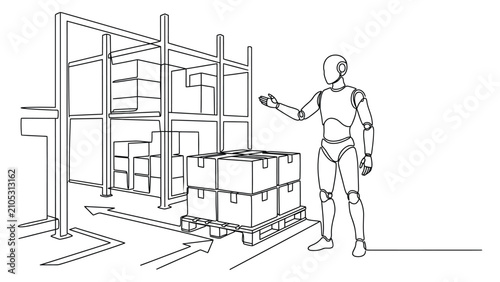 Continuous line drawing of an industrial robot working in a warehouse