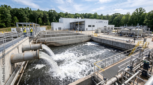 Industrial wastewater treatment plant. Water purification facility processing liquid waste.