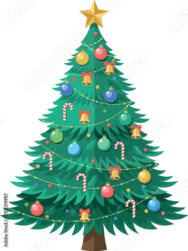 Decorated Christmas tree vector illustration with cartoon pine tree star topper candy canes and ornaments