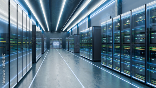 3D render of a High-Tech Cloud Computing Infrastructure with Intelligent Server Racks
