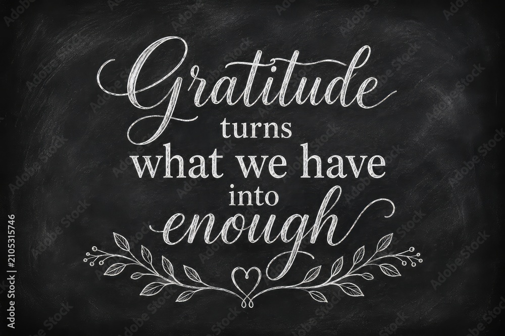 Obraz premium Gratitude lettering with laurel wreath illustration on black chalkboard background