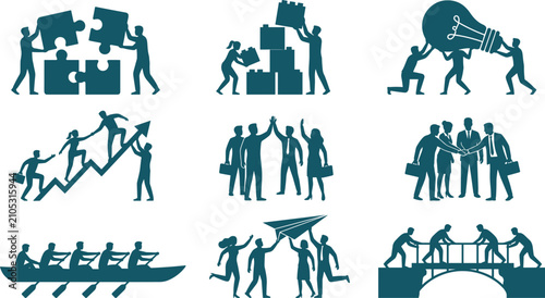 Εκτύπωση καμβά Business Teamwork and Partnership Silhouette Concept Set Featuring Puzzle Solvin