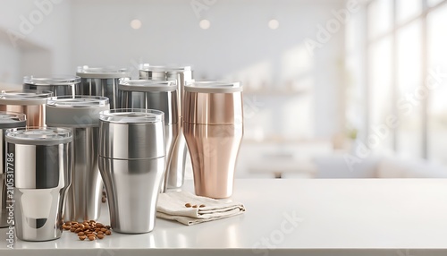 Stainless Steel Travel Tumblers and Reusable Coffee Cups on White Countertop in Modern Kitchen