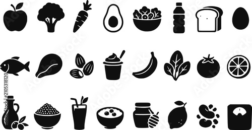 Quadro su tela Healthy food icon set with fruits, vegetables, and nutritious meals clip art