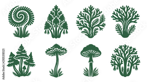 Foto Collection of decorative botanical and fungal motifs