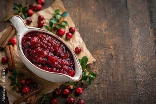 Homemade cranberry sauce in a white serving dish with fresh cranberries and cinnamon sticks for thanksgiving dinner