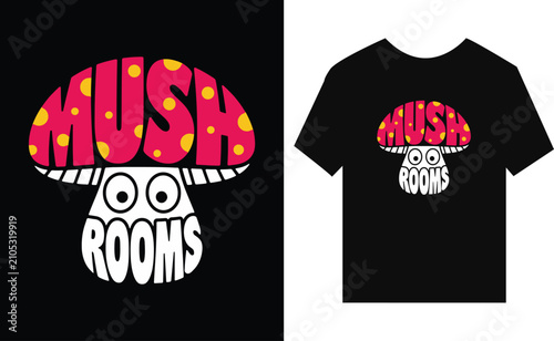 Mushroom Logo Design Featuring Rooms Text On Black TShirt