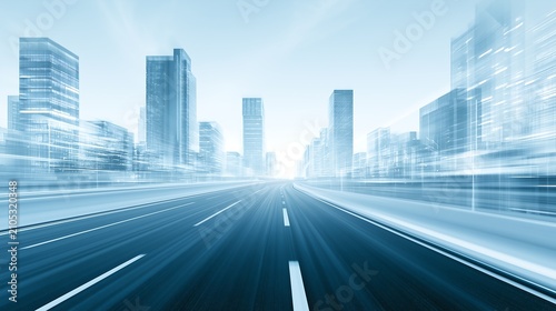 Realistic concept illustration of a fast motion blur highway leading to a futuristic city with skyscrapers.