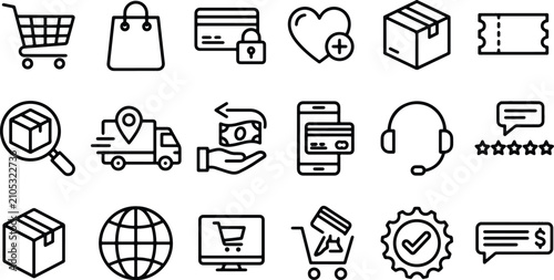 E-commerce shopping line icons set, 18 retail and delivery vector elements, online business and logistics symbols for web design