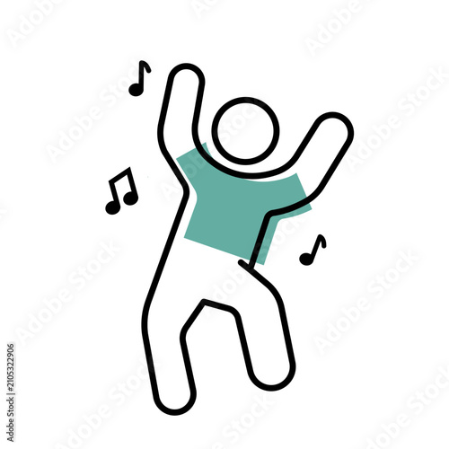 Pictogramme vectoriel d’une personne dansant au rythme de la musique, entourée de notes. Illustration minimaliste noire et turquoise sur fond blanc pour concert, festival, fête, soirée, spectacle...